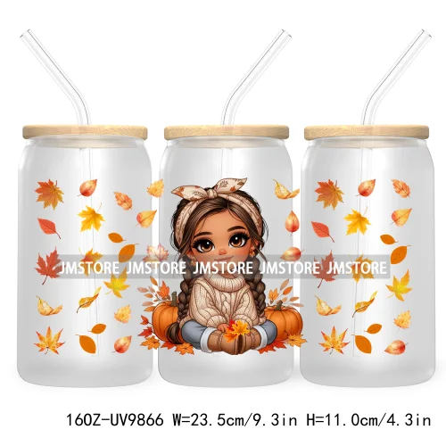 Mexican Latina Chibi Autumn Baby Girl UV DTF Sticker For 16OZ Libbey Glass Cup Can Wrap Transfer Stickers Custom Labels DIY Logo