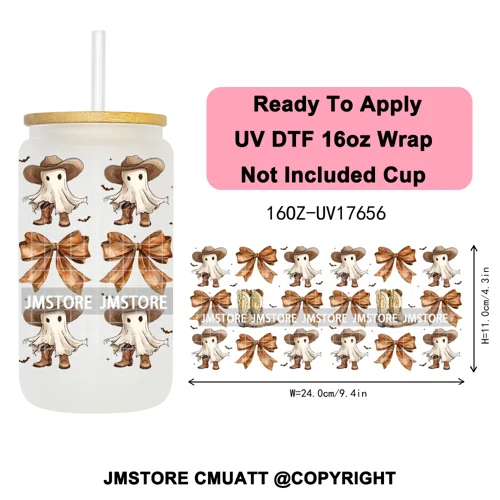 Halloween Fall Autumn Pumpkins Coquette Leopard Bow UV DTF Cup Wrap 16OZ Ready To Apply Transfer Stickers For Libbey Glass Can