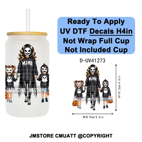 Family Halloween Horror Mama UV DTF Transfer Stickers Decals Ready To Apply Waterproof For 16OZ Libbey Glass Can Cups Tumbler