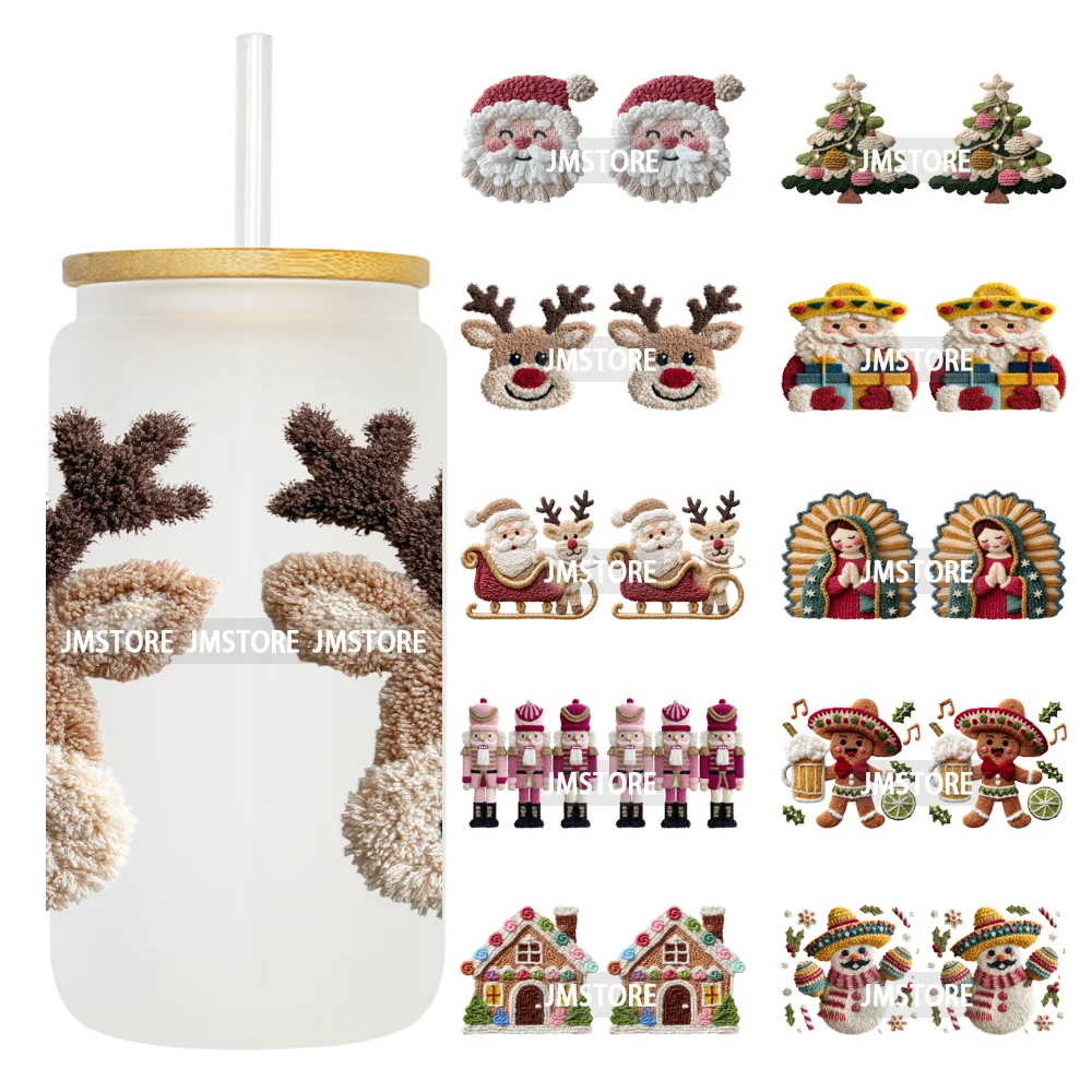 Faux Yarn Christmas Reindeer UV DTF Cup Wrap Ready To Apply Transfer Stickers Durable 16OZ Tumbler Wraps For Libbey Glass Can