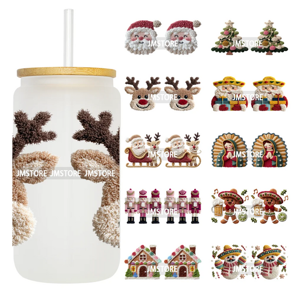 Faux Yarn Christmas Reindeer UV DTF Cup Wrap Ready To Apply Transfer Stickers Durable 16OZ Tumbler Wraps For Libbey Glass Can