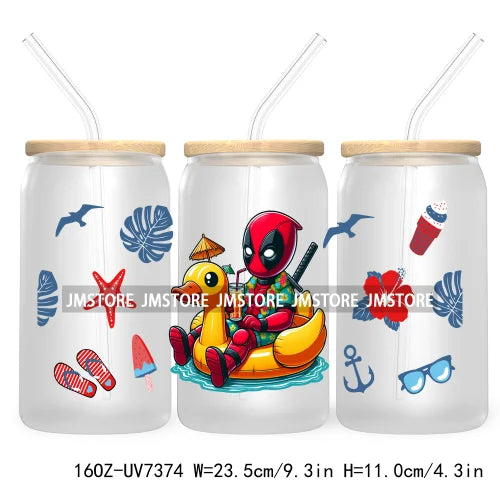 Hero Cartoon Summer Vacation 16OZ UV DTF Cup Wrap Transfers Stickers Custom Labels Durable Waterproof Logo For Libbey Glass Can