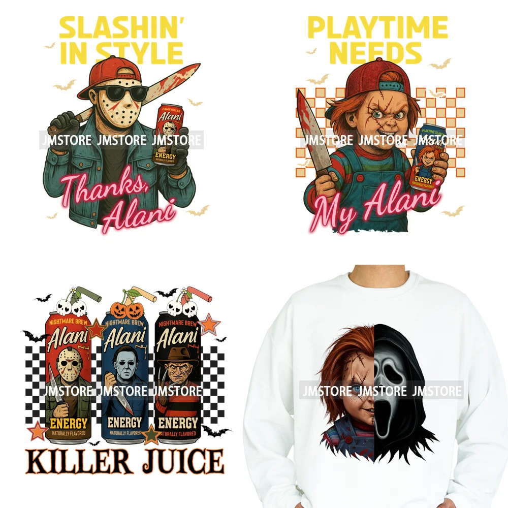 Spooky Soda Can Killer Checkered Horror Characters Drink Halloween Iron on DTF Heat Transfer Stickers Ready to Press for Textile
