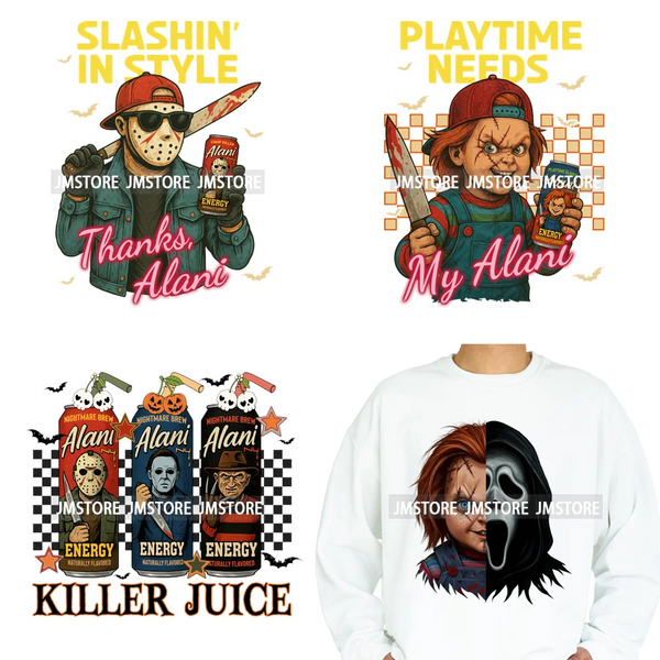 Spooky Soda Can Killer Checkered Horror Characters Drink Halloween Iron on DTF Heat Transfer Stickers Ready to Press for Textile