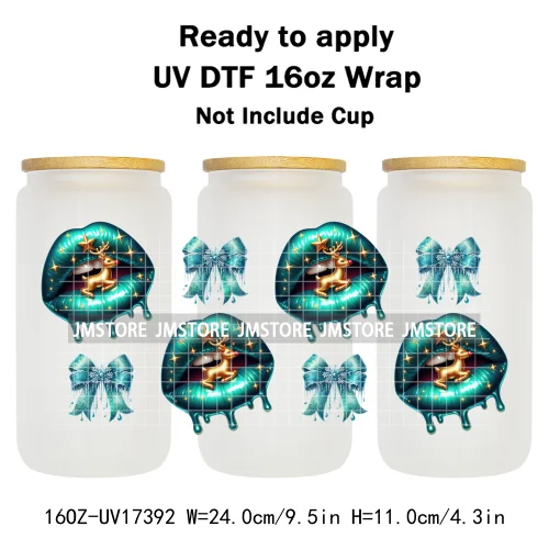 Coquette Bow Christmas Gift Lips UV DTF Stickers Xmas Season Candy Cane Ready To Transfer 16OZ Cup Wraps For Libbey Can Glass