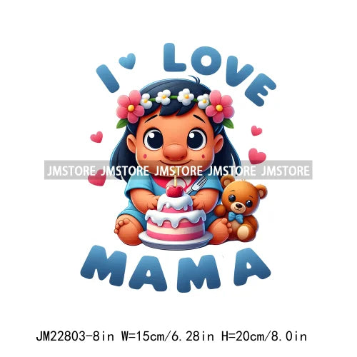 Baby Cartoon Girls Love Mama Designs Iron On DTF Birthday Gifts Cakes Mother's Day Transfer Stickers Ready To Press For T-shirts