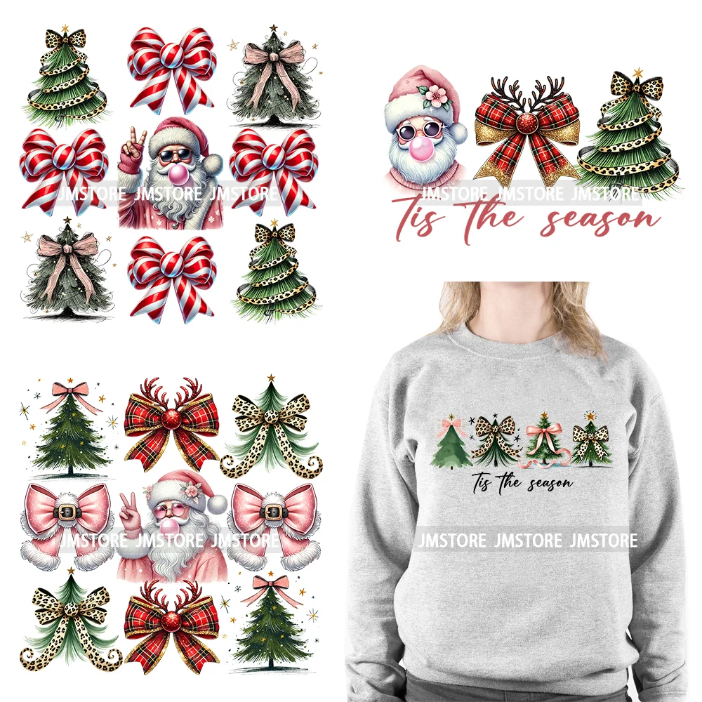 Tis The Season Blowing Bubble Santa Claus Coquette Bow Tree Christmas Iron On DTF Transfers Stickers Ready To Press For Hoodies