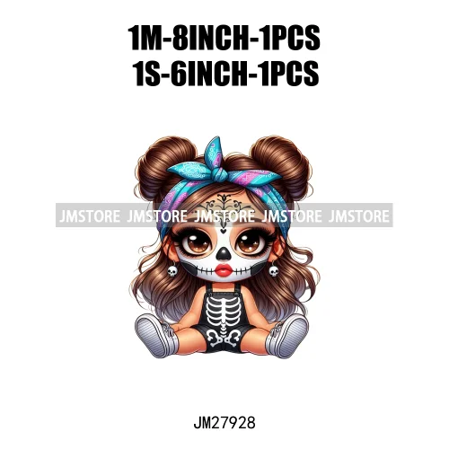 Halloween Skeleton Latina Baby Chibi Hispanic Girls Spooky Season DTF Iron On Transfers Stickers Ready To Press For Clothing