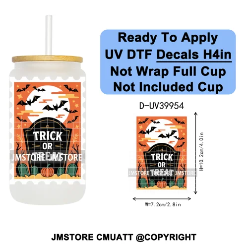 Halloween Stamps Trick Or Treat UV DTF Decals Ready To Apply Waterproof Transfer Stickers DIY Crafts For 16OZ Libbey Glass Can