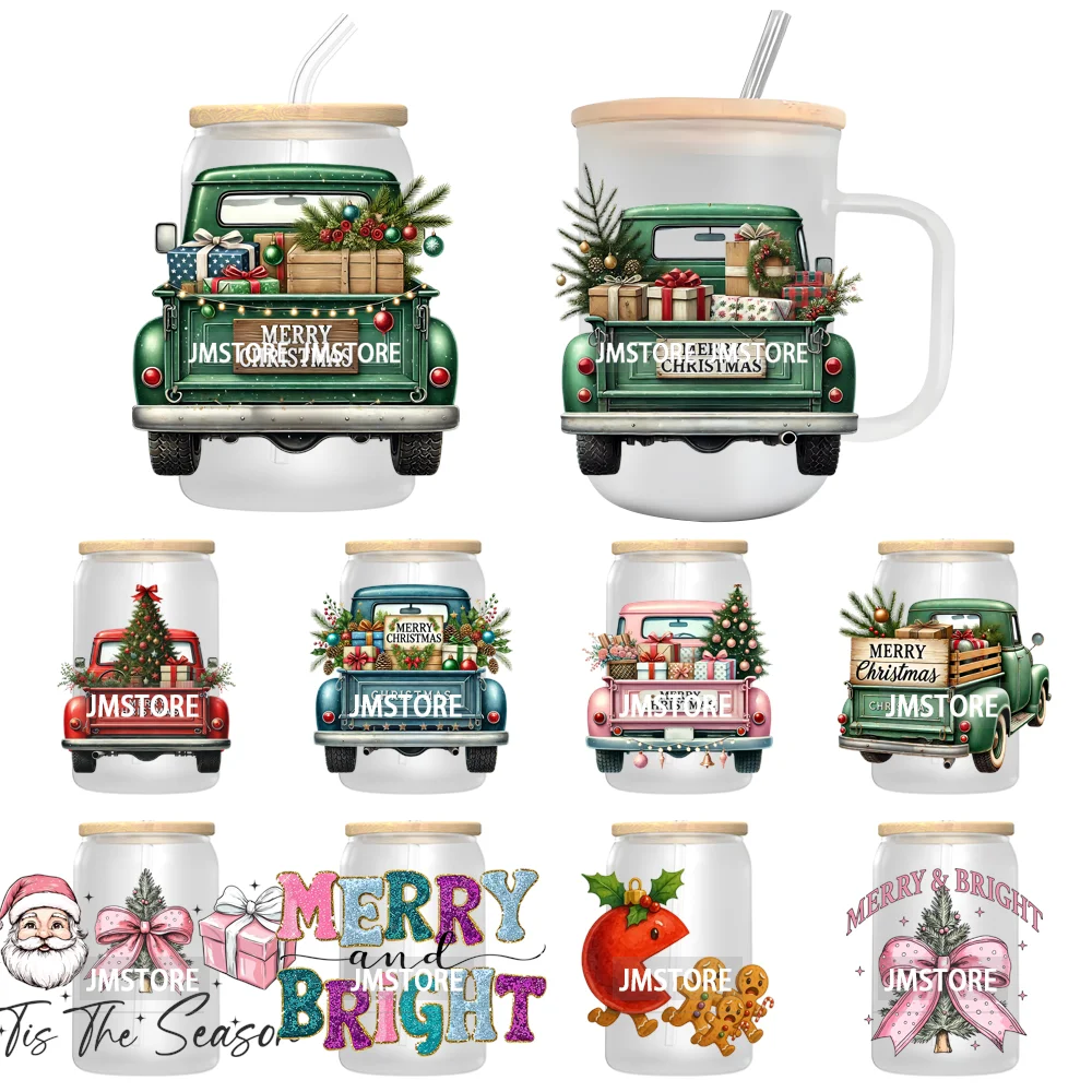 Watercolor Christmas Farm Truck Xmas Gifts UV DTF Transfer Stickers Decals Ready To Apply Waterproof For 16OZ Libbey Glass Can