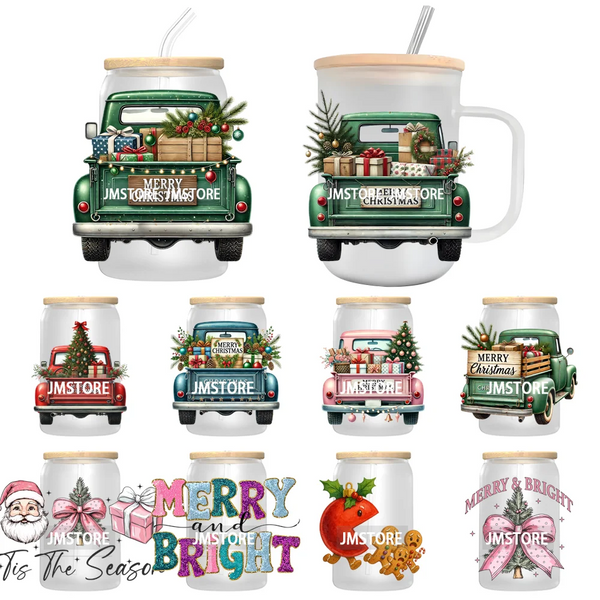 Watercolor Christmas Farm Truck Xmas Gifts UV DTF Transfer Stickers Decals Ready To Apply Waterproof For 16OZ Libbey Glass Can