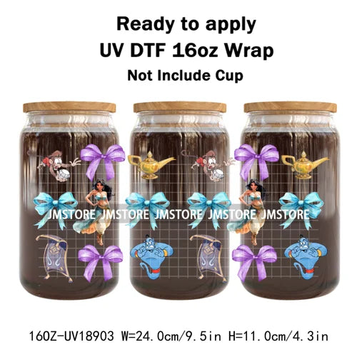 Coquette Bow Cartoon Princess Mirror UV DTF Cup Wrap Ready To Apply Transfer Stickers Waterproof Logo For 16OZ Libbey Glass Can