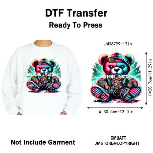 12in Cartoon Gangster Hip Hop Streetwear Teddy Bear Lover Designs Iron on DTF Heat Transfers Stickers Ready to Press for Hoodies