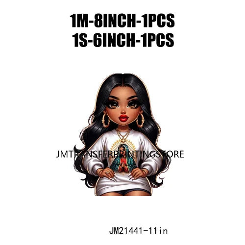 Chibi Cute Chicana Doll Guadalupe Lady Skull Latina Woman Cold Peel Decals Iron On DTF Transfers Stickers For Shirts Bags Pillow