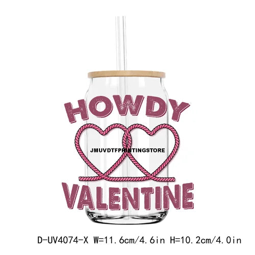 Western Howdy Cowgirl Valentine's Day UV DTF Sticker For 16OZ Libbey Glass Cup Can Wrap Transfer Sticker Custom Labels DIY Logo