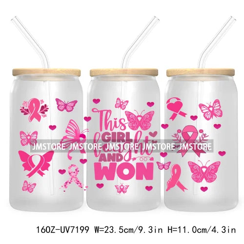 Peace Love Cure Breast Cancer Awareness Pink 16OZ UV DTF Cup Wrap Transfer Stickers For Libbey Glass Can Cups Tumbler October