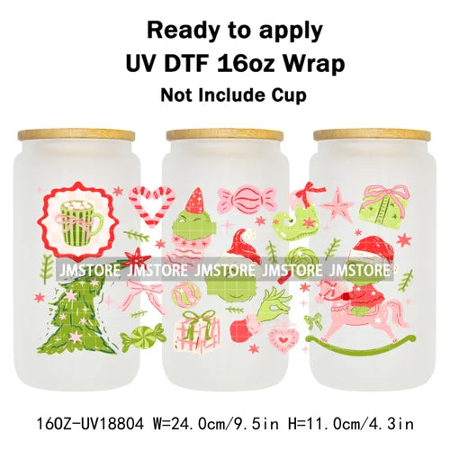 Coquette Bow Cartoon Christmas Green Guy UV DTF Cup Wrap Ready To Apply Transfer Stickers Waterproof For 16OZ Libbey Glass Can