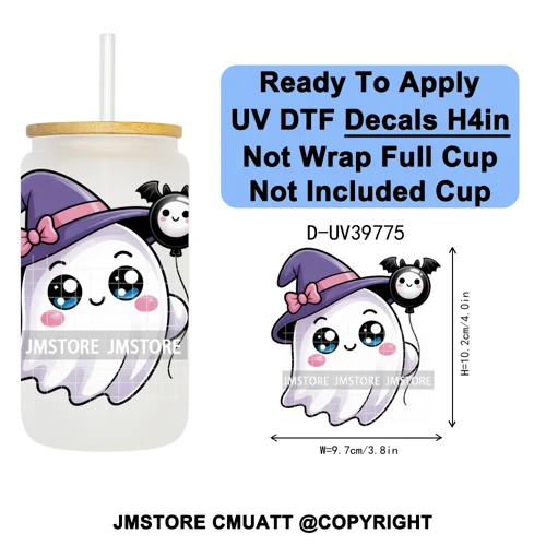 Cute Halloween Witch Ghost Sweet Boo UV DTF Decals Ready To Apply Waterproof Transfer Stickers Prints For 16OZ Libbey Glass Can