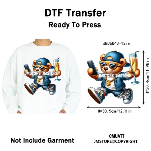 12in Hip Hop Vibes Urban Style Rich Bear With Gold Chains King Animal Iron on DTF Transfers Stickers Ready to Press for Textile