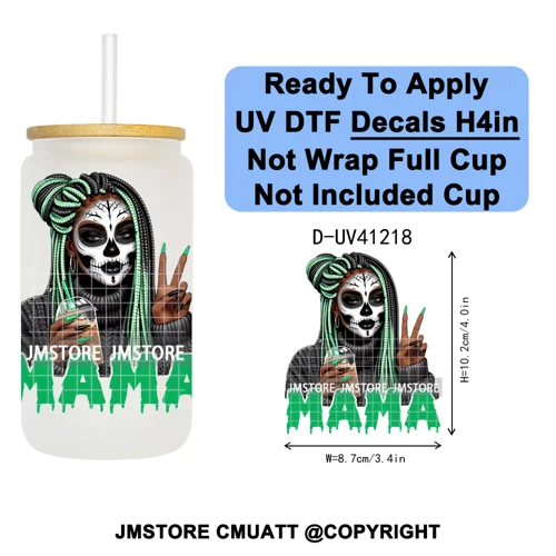 Spooky Mama Skullface Halloween UV DTF Decals Ready To Apply Waterproof Transfer Stickers DIY Crafts For 16OZ Libbey Glass Can