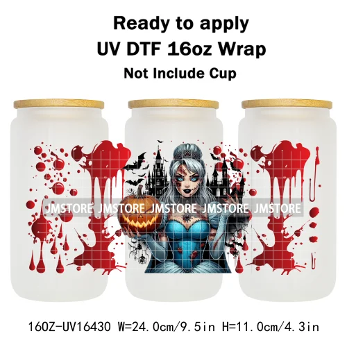 Halloween Witch Princess Bat Pumpkin UV DTF Wraps Transfer Stickers Waterproof High Quality For 16OZ Libbey Glass Can Tumbler