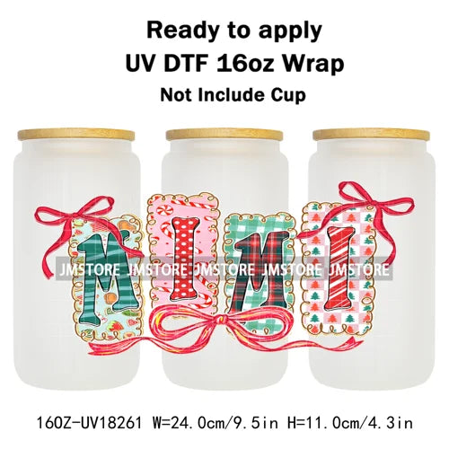 Christmas Mama Mini Coquette Family Xmas 16OZ UV DTF Cup Wraps Ready To Apply Waterproof Transfer Stickers For Libbey Glass Can