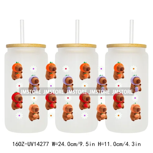 Cute Capybara Flower Heart UV DTF Wraps Transfer Sticker Selfadhesive Waterproof High Quality For 16OZ Libbey Glass Can Tumbler