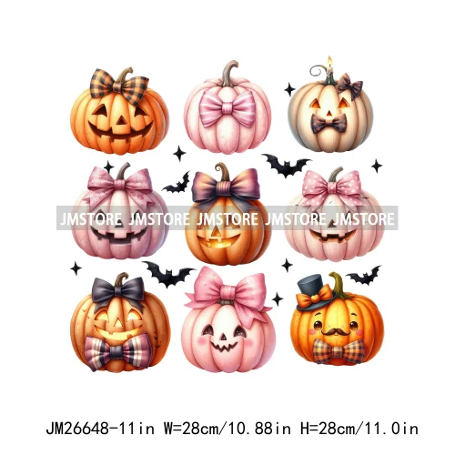 Fashion Halloween Pumpkin Coquette Bow Spooky Vibes Washable Printing DTF Iron On Heat Press Transfer Stickers For Clothing Bags