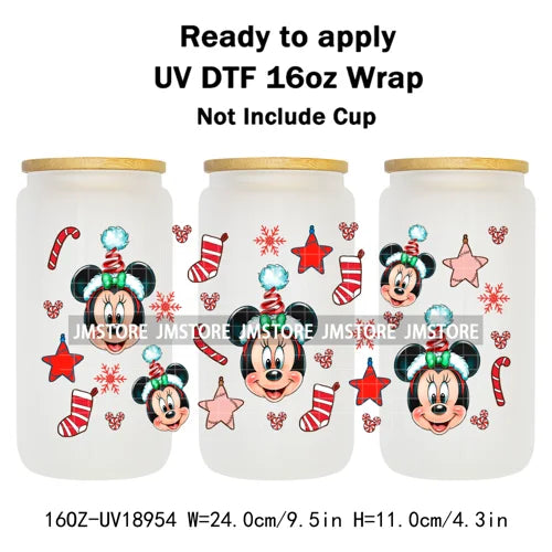 Festive Mouse Christmas Candy Cane 16OZ UV DTF Cup Wraps Ready To Apply Waterproof Transfer Stickers For Libbey Glass Can Bottle