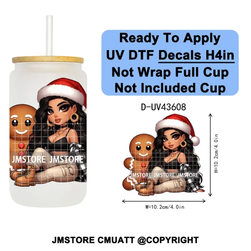 Mexican Girl Christmas Gingerbread UV DTF Cup Decals Ready To Apply Transfer Stickers Durable Custom Labels For Libbey Glass Can