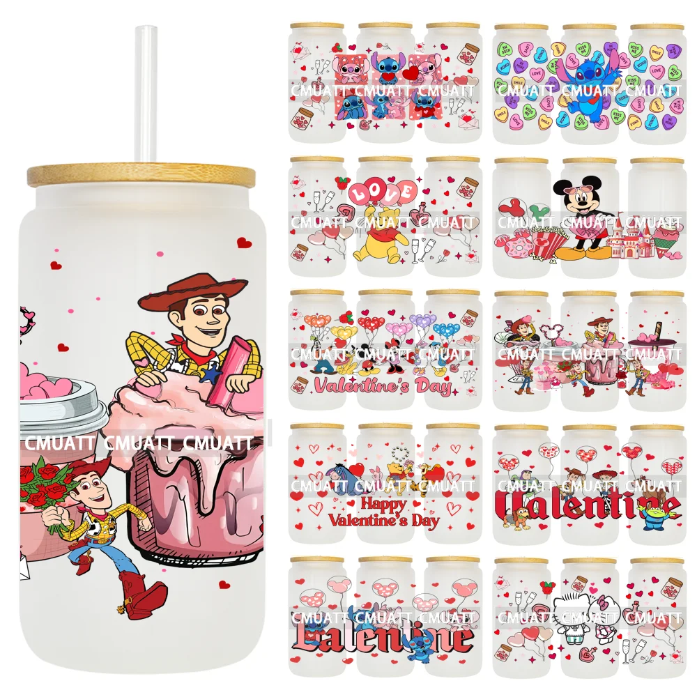 Cartoon Pink Sweet Happy Valentine‘s Day Kids Love Characters UV DTF Stickers Cup Wraps Logos For 16OZ Libbey Glass Can