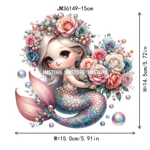 15cm 5.9in Cute Kid Flower Mermaid Iron On DTF Heat Transfer Sticker For Clothes Printed Thermal Applique Washable T-Shirt Decal