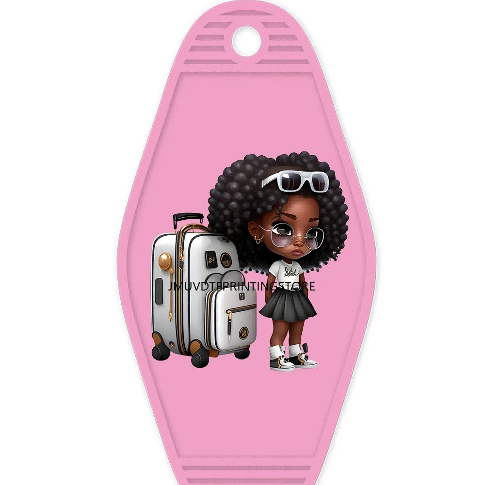 School Melanin Black Girls With Luggage High Quality WaterProof UV DTF Sticker For Motel Hotel Keychain Afro Children