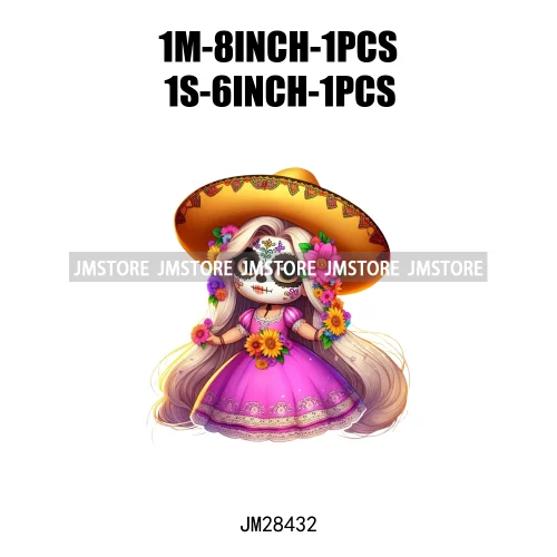 Colorful Day Of The Dead Catrina Princess Baby Girl Sombrero Hat Mexico Conchas Iron On DTF Heat Transfers Stickers For Clothing