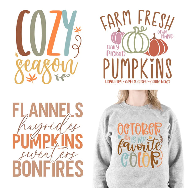 Hello Pumpkin Sweaters Bonfires DIY Logos Fall In The Air Autumn Vibes Iron On DTF Transfer Decals Ready To Press For T-Shirts