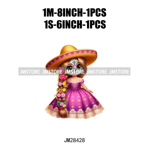 Colorful Day Of The Dead Catrina Princess Baby Girl Sombrero Hat Mexico Conchas Iron On DTF Heat Transfers Stickers For Clothing