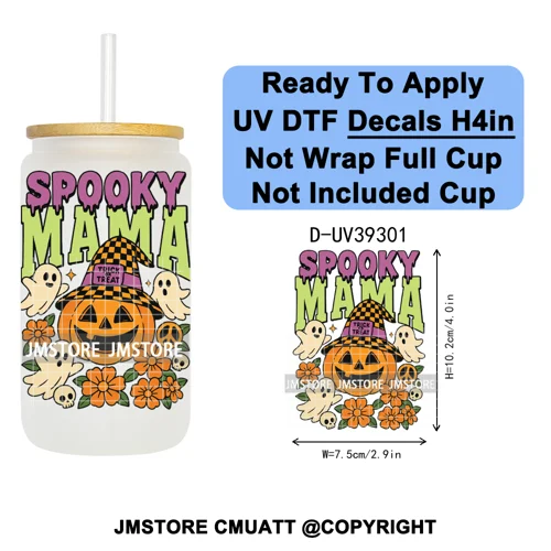 Retro Spooky Season Halloween Ghost Boo Gift UV DTF Transfer Stickers Decals Ready To Apply Waterproof For 16OZ Libbey Glass Can