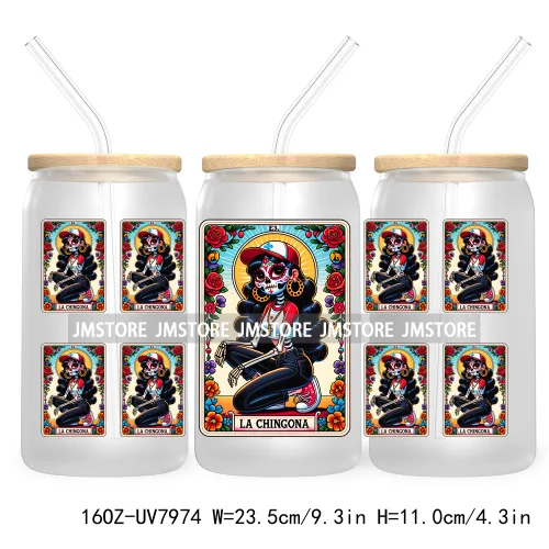 Funny Tarot Card UV DTF Sticker For 16OZ Libbey Glass Cup Can Wrap Transfer Sticker Custom Label DIY Logo Mexican Skeleton Skull