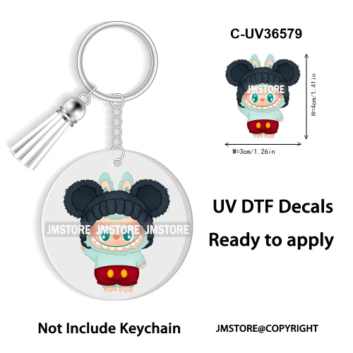 Coquette Bow Cartoon Monsters Doll In Costume Decal Round Keychain Ready To Apply UV DTF Transfer Stickers For Circle Keychain