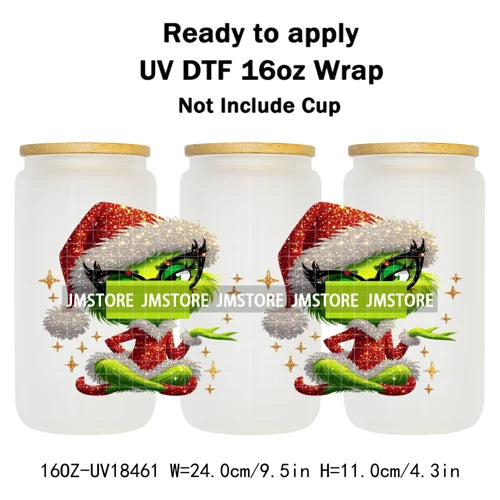 Faux Glitter Christmas Girl Green Guy UV DTF Stickers Ready To Apply Cup Wrap Custom Labels DIY Craft For Libbey Glass Can Mugs