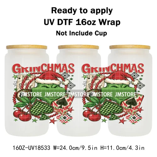 Coquette Bow Christmas Green Character UV DTF Stickers Ready To Apply Cup Wrap Custom Labels DIY Craft For Libbey Glass Can Mugs