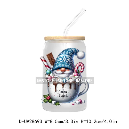 Festive Christmas Gnome Candy Cane UV DTF Transfer Stickers Decals For Libbey Cold Cups Mugs Tumbler Labels Cartoon Characters