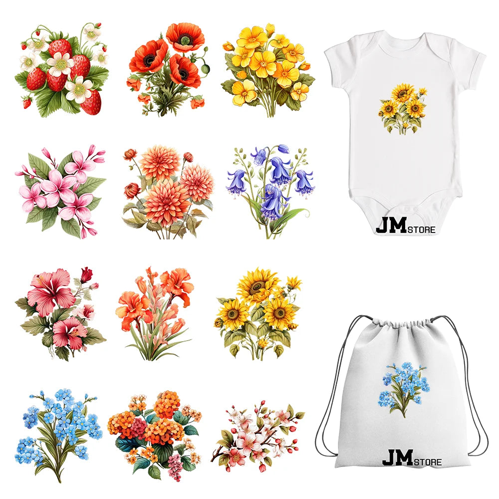 15cm 5.9in Kids Rose Flower Iron On DTF Heat Transfer Stickers For Clothes Printed Vinyl Thermal Applique Washable T-Shirt Decal