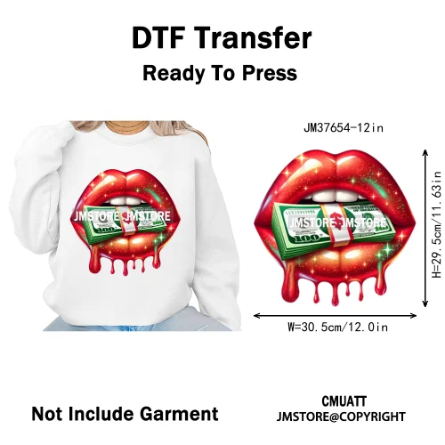 12in Glossy Dripping Lips Streetwear Graffiti Trap Girls Iron on DTF Thermal Transfer Stickers Ready to Press for Woman Clothing
