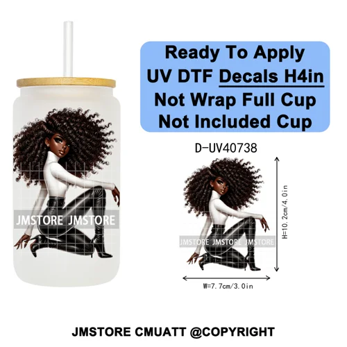 Big Hair Fashionable Black Girl UV DTF Decals Ready To Apply Waterproof Transfer Stickers DIY Crafts For 16OZ Libbey Glass Can