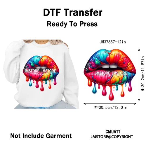 12in Glossy Dripping Lips Streetwear Graffiti Trap Girls Iron on DTF Thermal Transfer Stickers Ready to Press for Woman Clothing