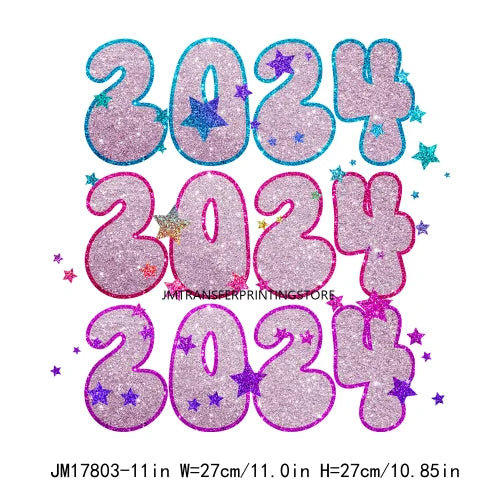 Faux Sequins Happy New Year 2024 Printing Santa Baby Reindeer Merry Christmas DTF Transfer Stickers Ready To Press For Hoodies