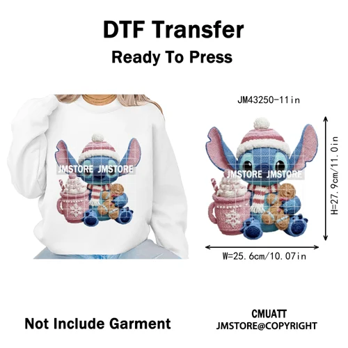 Hot Cocoa Coffee Lover Cartoon Faux Yarn Christmas Xmas Iron on Washable DTF Transfers Stickers Ready to Press for Sweatshirts