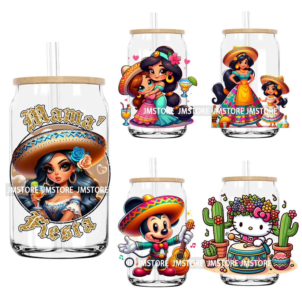 Mexican Mama Fiesta UV DTF Transfer Stickers Decals For Libbey Cold Cups Mugs Tumbler Waterproof DIY Craft Logo Cartoon Princess