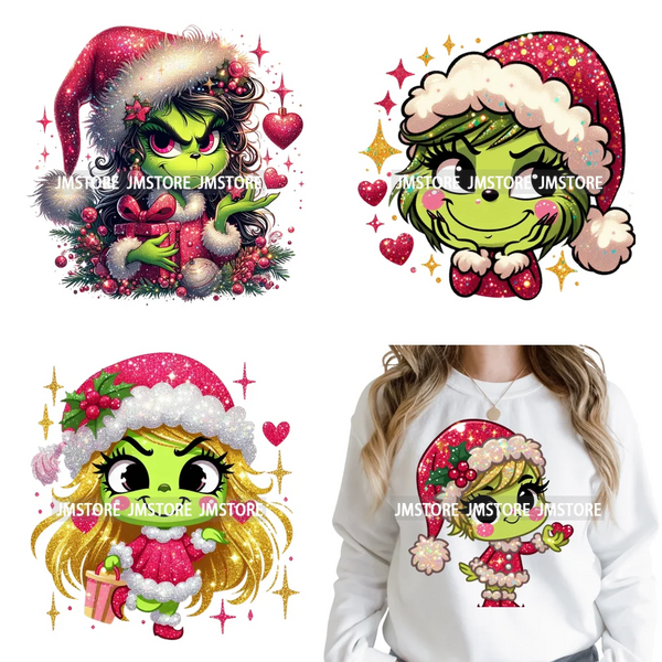 Faux Glitter Cartoon Christmas Movie Green Santa Kid Girly Xmas Iron on DTF Washable Transfer Sticker Ready to Press for Textile